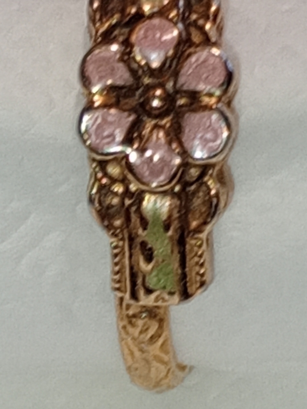Ring Gold Floral Enamel Cluster Ring Victorian Style with Pink Petal Accents - Picture 12 of 13